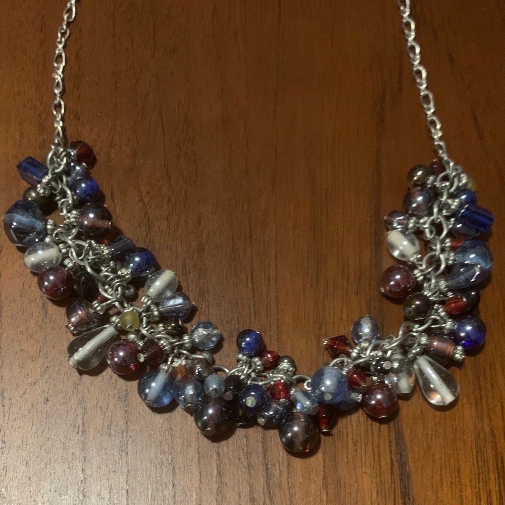 Vintage Glass Beaded Necklace with Silver Chain